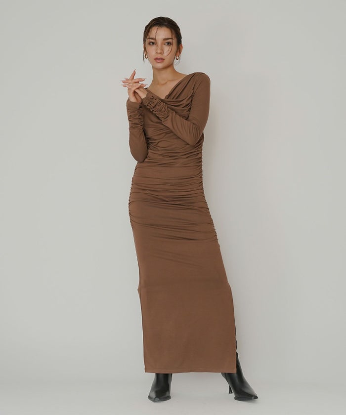 オフショル シャーリング ギャザー ワンピース KINO THE KEI 全4色｜ktk331-0100【1】