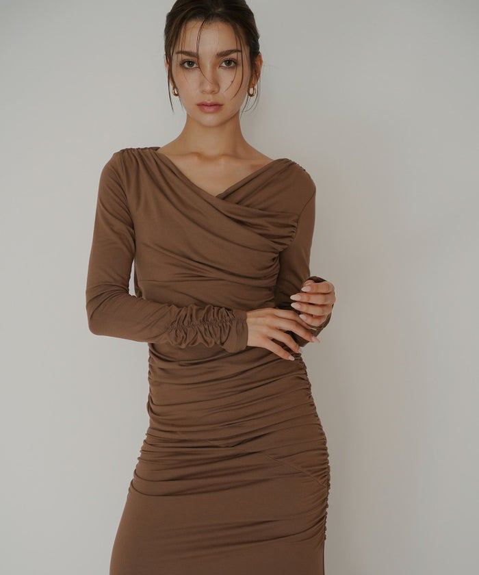 オフショル シャーリング ギャザー ワンピース KINO THE KEI 全4色｜ktk331-0100【1】