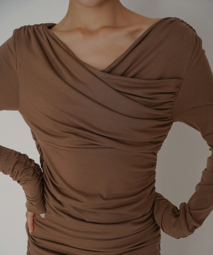 オフショル シャーリング ギャザー ワンピース KINO THE KEI 全4色｜ktk331-0100【1】