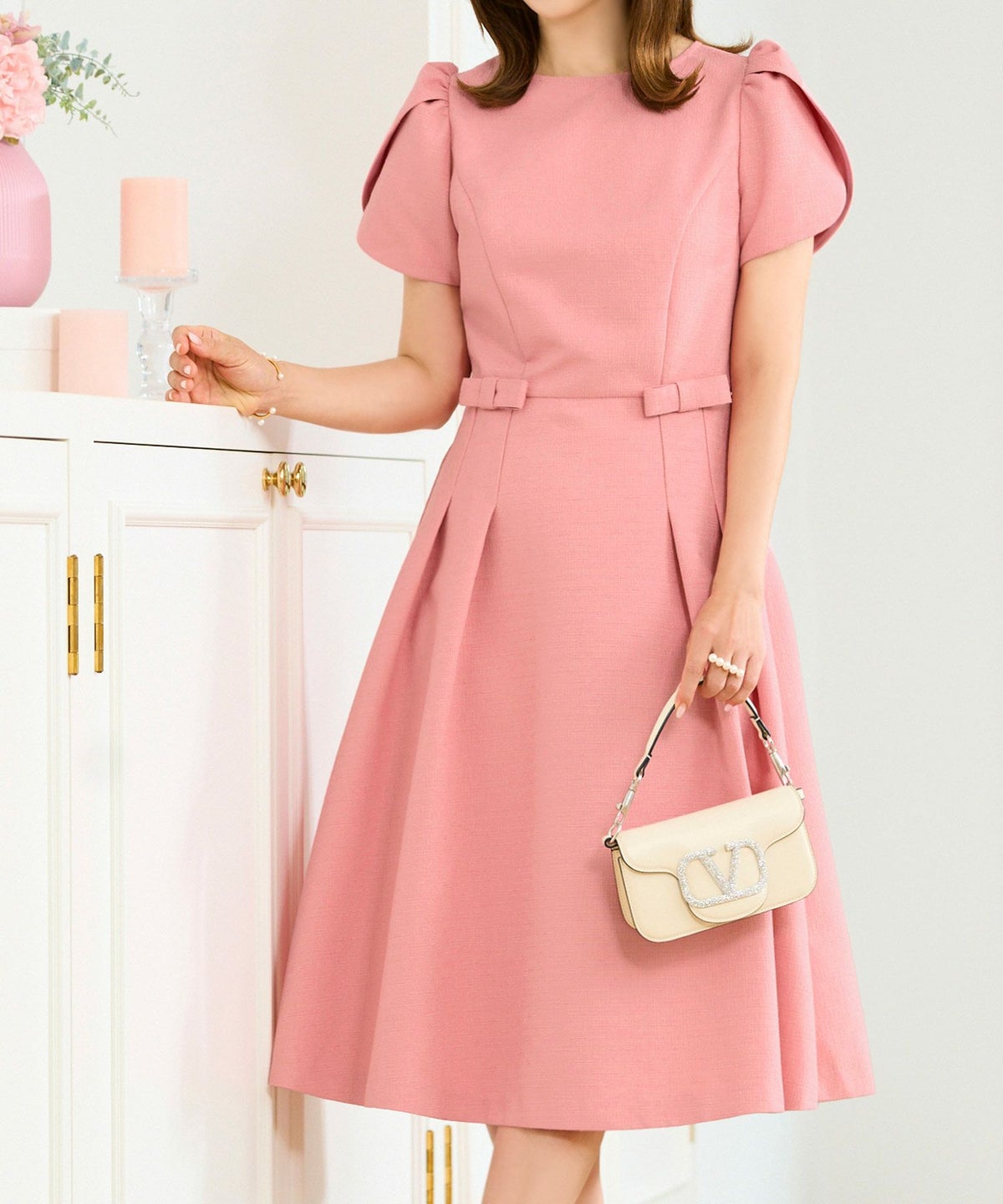 ワンピース レディース ファッション 上品 かわいい きれいめ 大人 半袖 フィット&フレア 半袖 オフィス パーティ ディナー ドレス ジョイントスペース