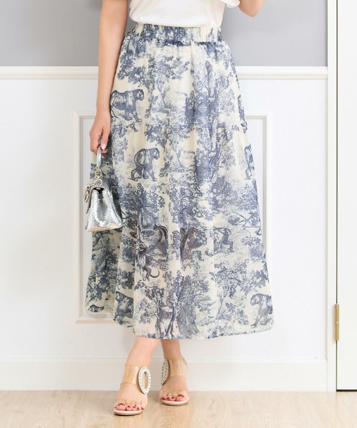 トワルドジュイプリントスカートフランス生地ウエストゴムフレアブルーブラックホワイト