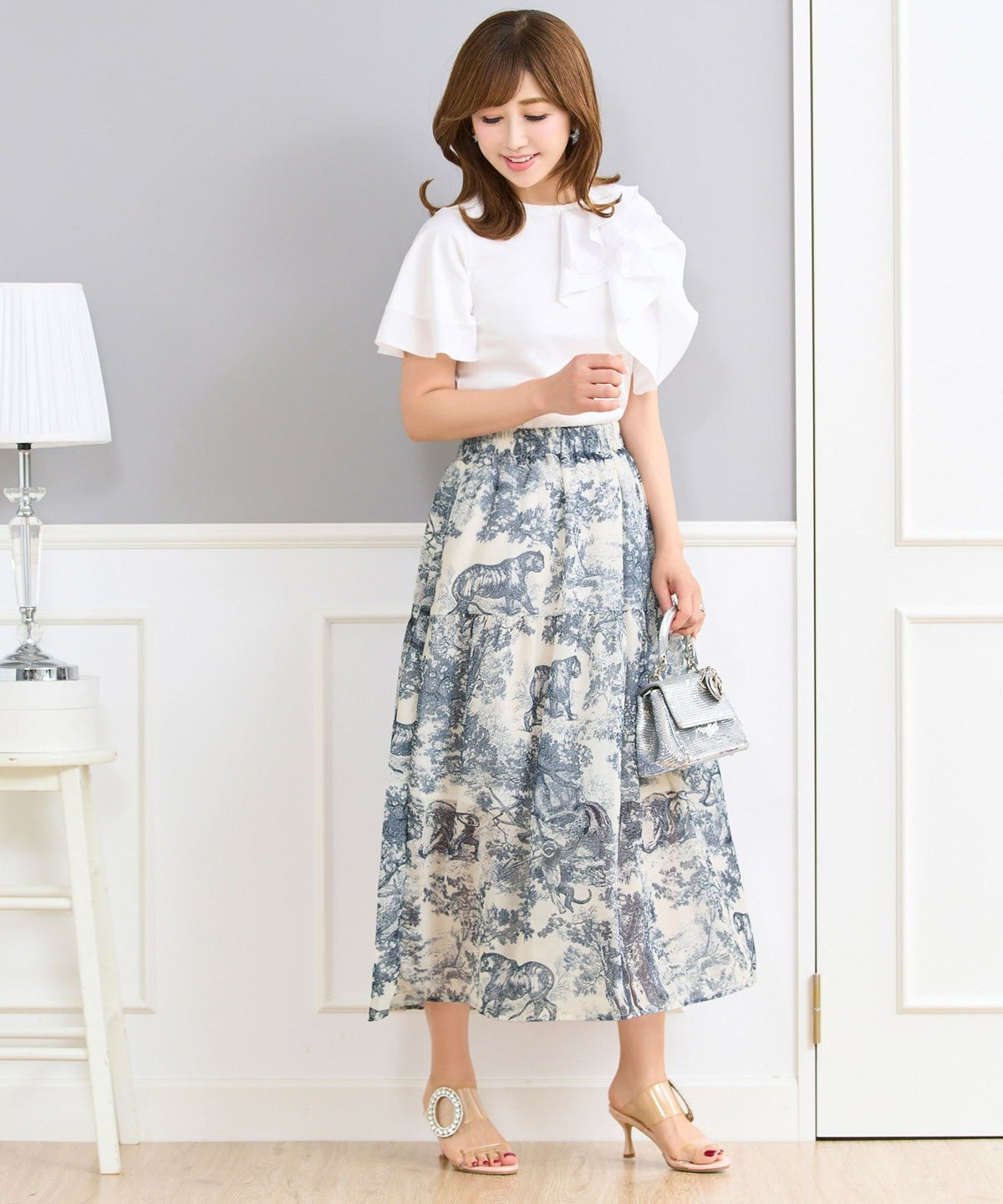 トワルドジュイプリントスカートフランス生地ウエストゴムフレアブルーブラックホワイト