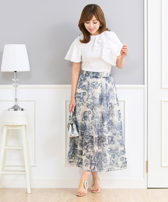 トワルドジュイプリントスカートフランス生地ウエストゴムフレアブルーブラックホワイト