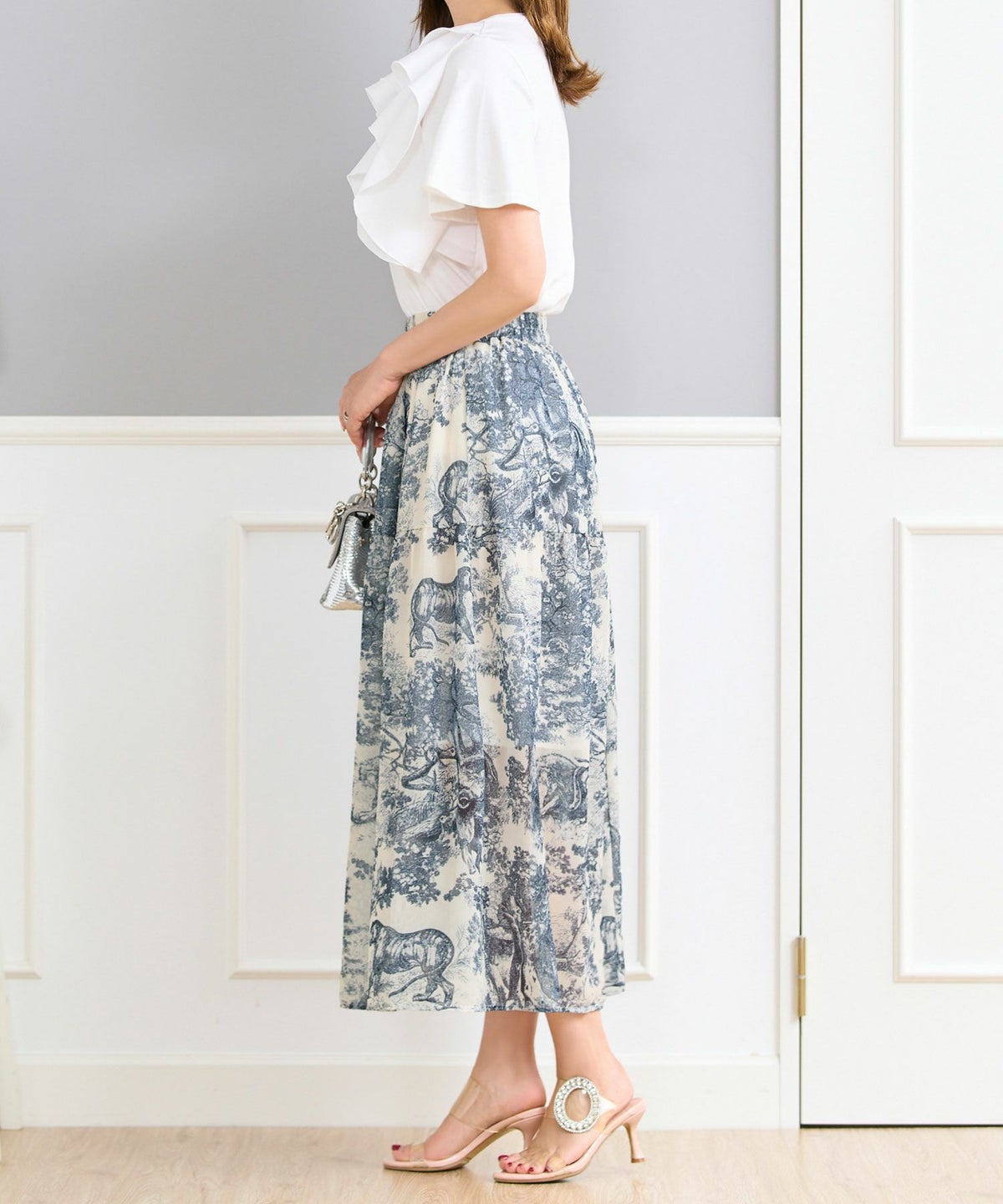 トワルドジュイプリントスカートフランス生地ウエストゴムフレアブルーブラックホワイト