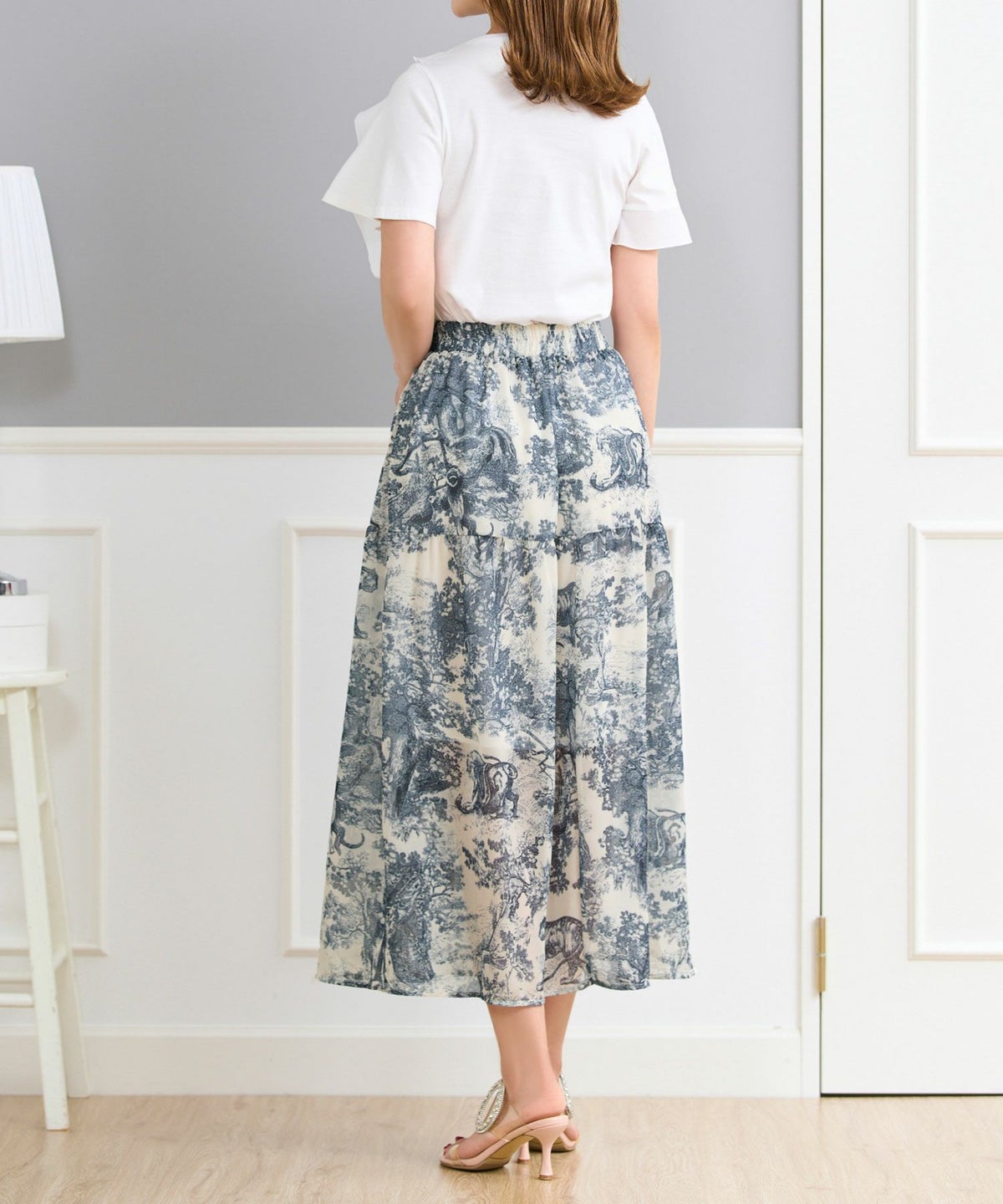 トワルドジュイプリントスカートフランス生地ウエストゴムフレアブルーブラックホワイト