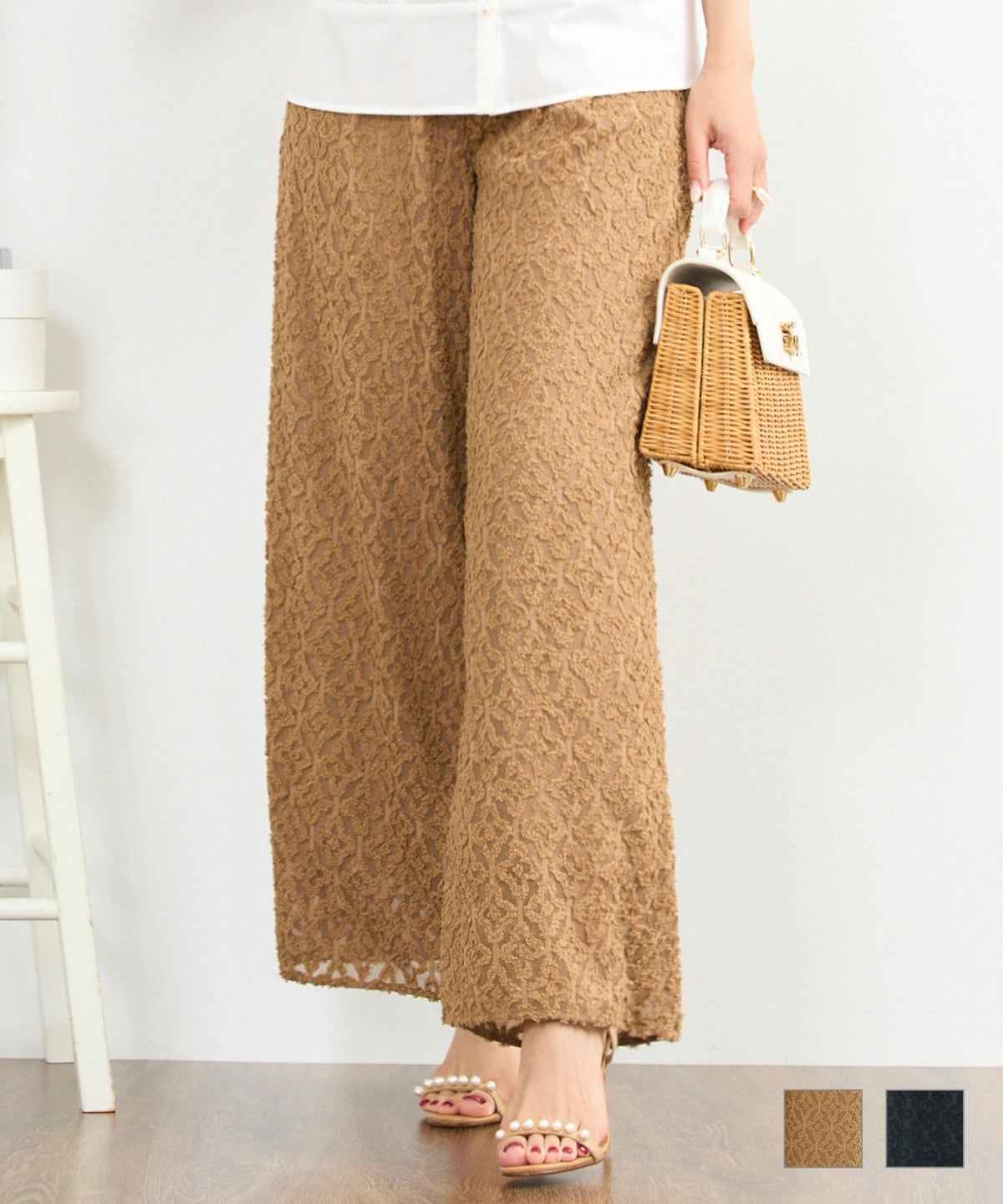 キカカット ジャガード ワイド パンツ ウエストゴム 幾何学 模様 柄 キャメル ブラック キカカット ジャガード ワイド パンツ Prima Scherrer