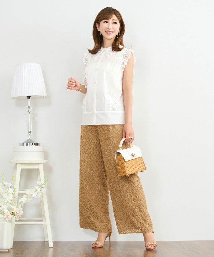 キカカットジャガードワイドパンツウエストゴム幾何学模様柄キャメルブラック