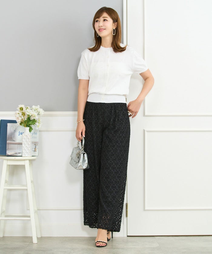 キカカットジャガードワイドパンツウエストゴム幾何学模様柄キャメルブラック