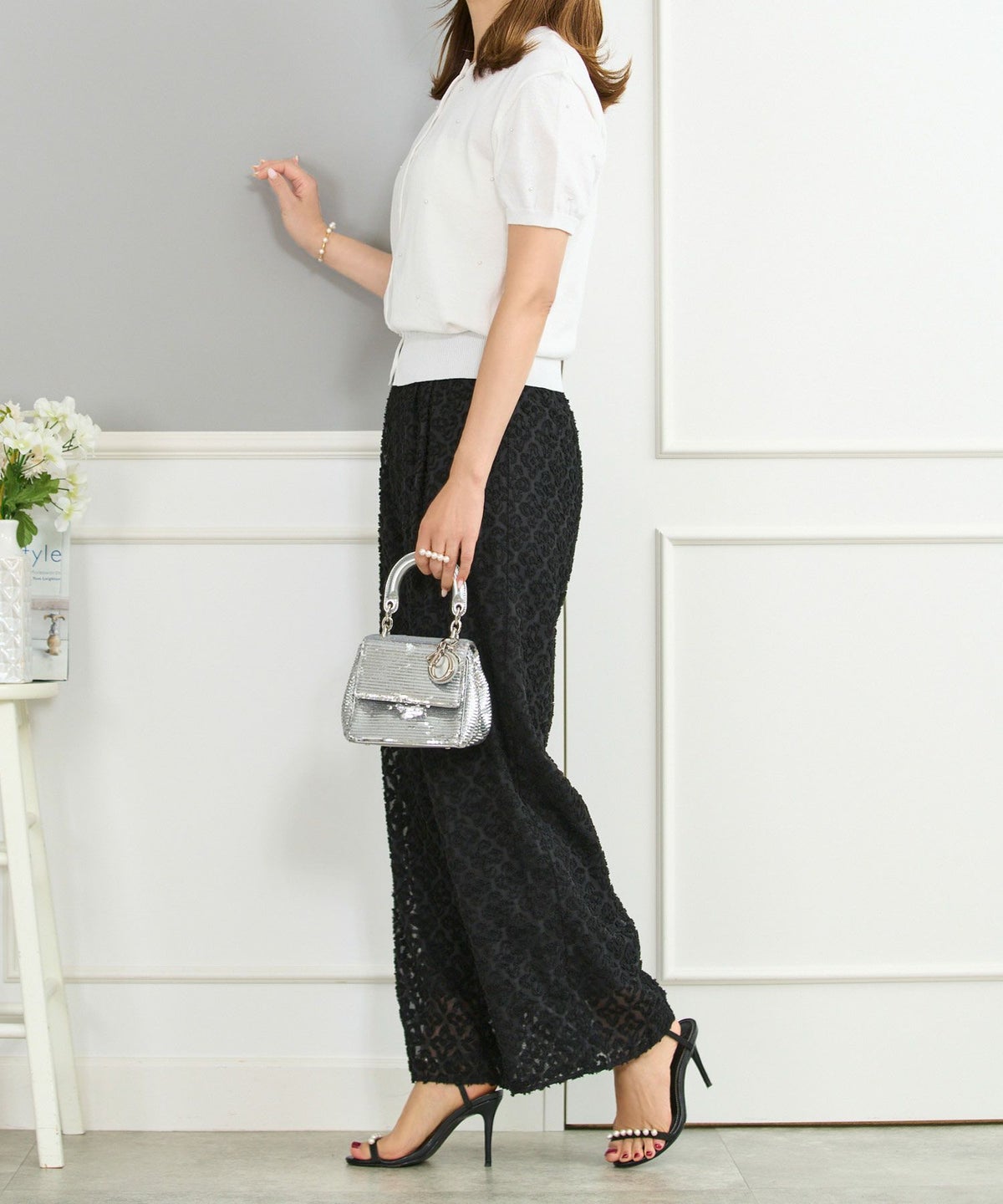 キカカットジャガードワイドパンツウエストゴム幾何学模様柄キャメルブラック