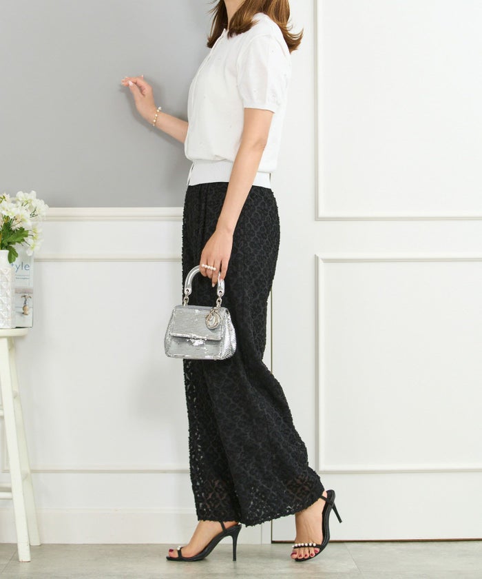 キカカットジャガードワイドパンツウエストゴム幾何学模様柄キャメルブラック