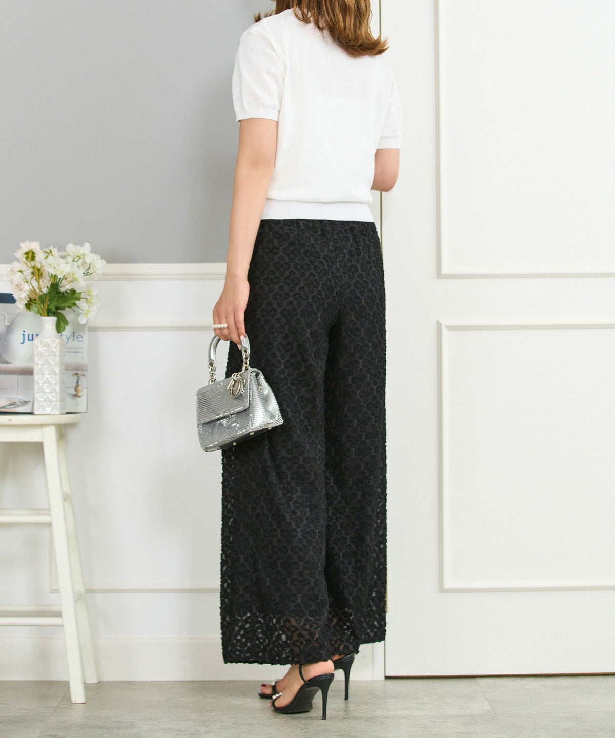 キカカットジャガードワイドパンツウエストゴム幾何学模様柄キャメルブラック