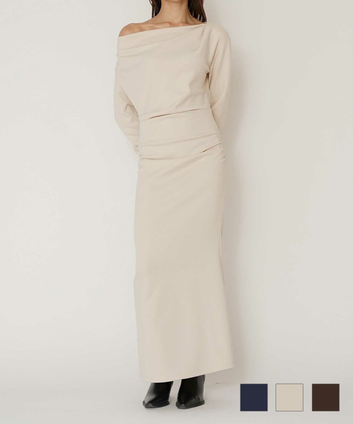 ロングワンピース カットソー セットアップ オフショルトップス ドレープ タイトワンピ 韓国風 綺麗め 細見え カジュアル KINO THE KEI オフショルダ― 2WAY ドレープ ワンピース KINO THE KEI