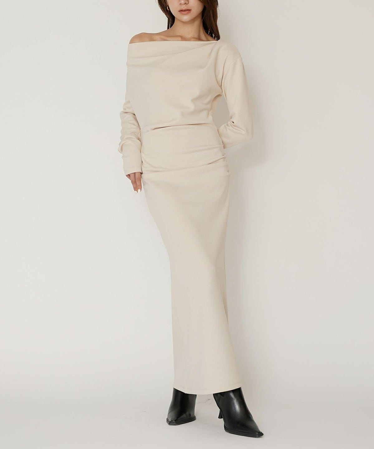 ロングワンピース カットソー セットアップ オフショルトップス ドレープ タイトワンピ 韓国風 綺麗め 細見え カジュアル KINO THE KEI