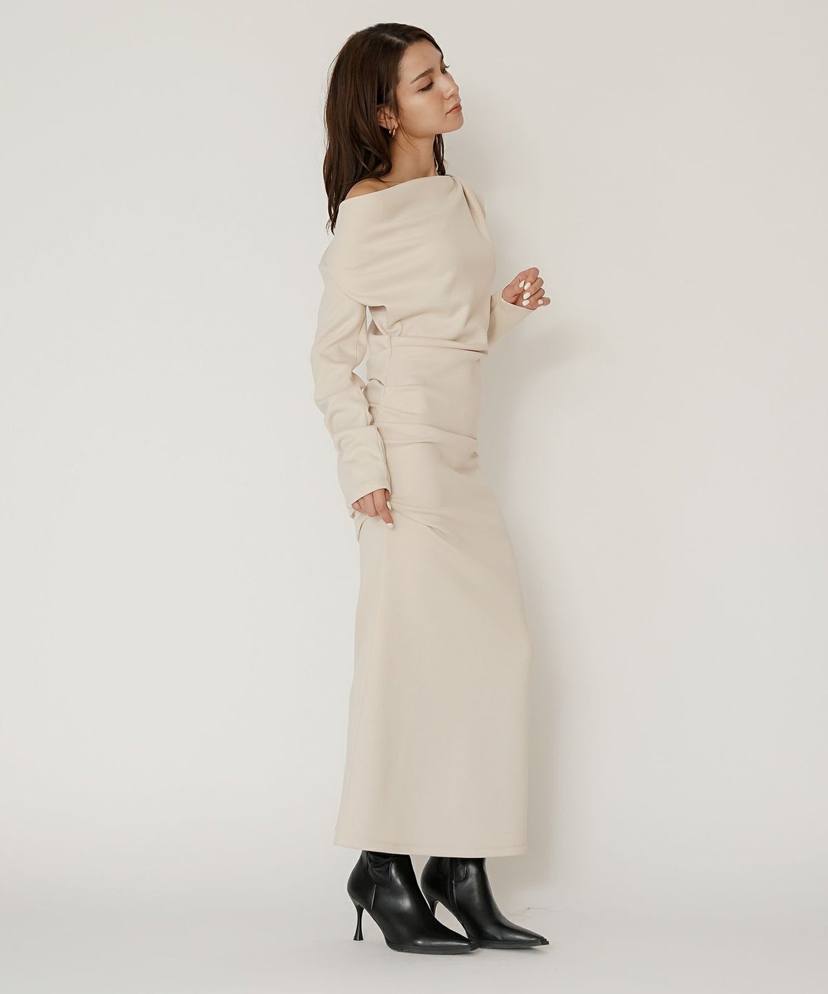 ロングワンピース カットソー セットアップ オフショルトップス ドレープ タイトワンピ 韓国風 綺麗め 細見え カジュアル KINO THE KEI