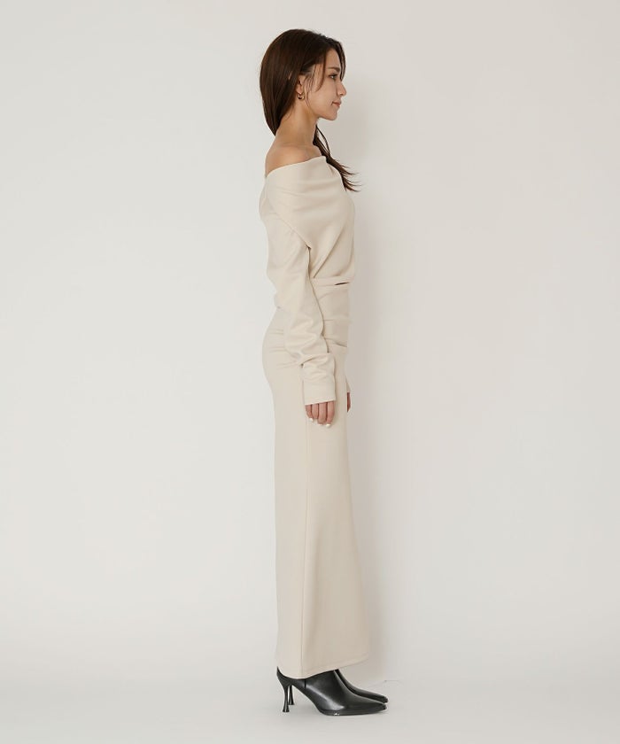 ロングワンピース カットソー セットアップ オフショルトップス ドレープ タイトワンピ 韓国風 綺麗め 細見え カジュアル KINO THE KEI