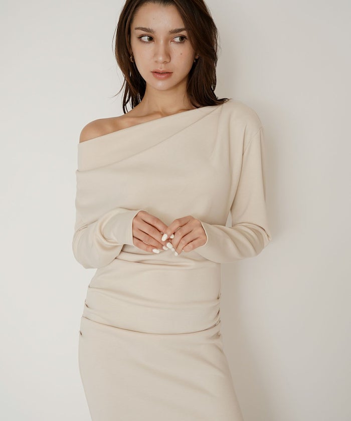 ロングワンピース カットソー セットアップ オフショルトップス ドレープ タイトワンピ 韓国風 綺麗め 細見え カジュアル KINO THE KEI