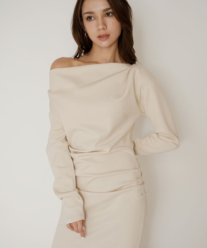 ロングワンピース カットソー セットアップ オフショルトップス ドレープ タイトワンピ 韓国風 綺麗め 細見え カジュアル KINO THE KEI