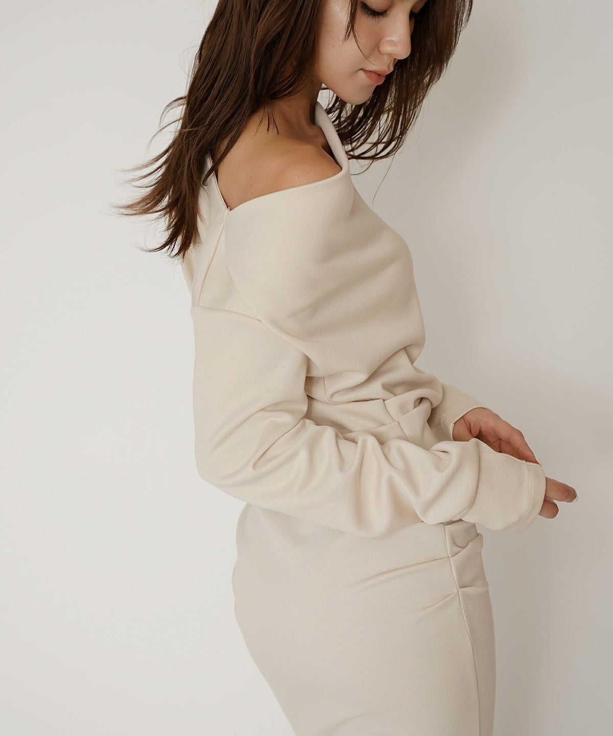 ロングワンピース カットソー セットアップ オフショルトップス ドレープ タイトワンピ 韓国風 綺麗め 細見え カジュアル KINO THE KEI