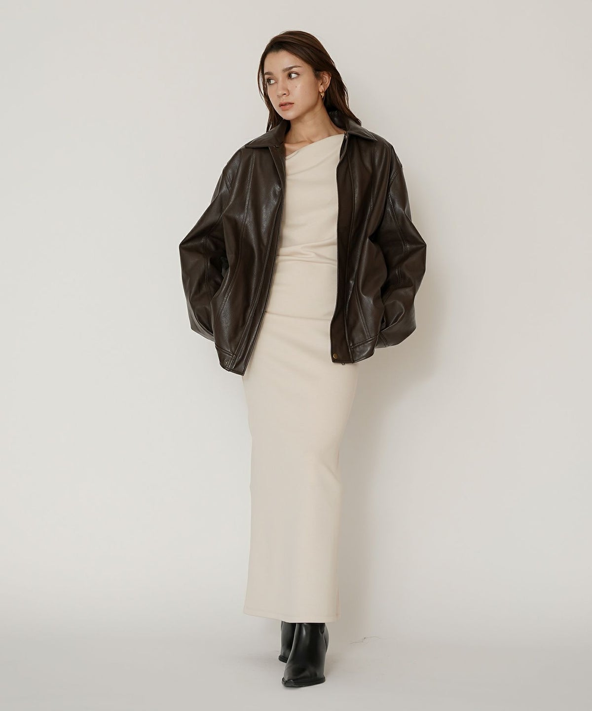 ロングワンピース カットソー セットアップ オフショルトップス ドレープ タイトワンピ 韓国風 綺麗め 細見え カジュアル KINO THE KEI