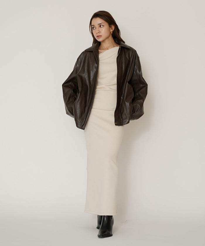 ロングワンピース カットソー セットアップ オフショルトップス ドレープ タイトワンピ 韓国風 綺麗め 細見え カジュアル KINO THE KEI