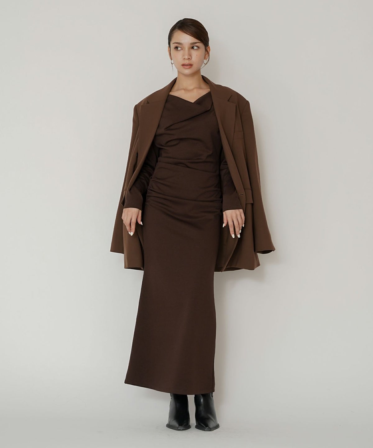 ロングワンピース カットソー セットアップ オフショルトップス ドレープ タイトワンピ 韓国風 綺麗め 細見え カジュアル KINO THE KEI