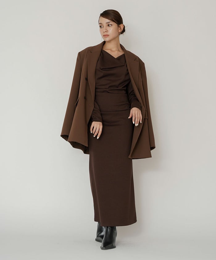 ロングワンピース カットソー セットアップ オフショルトップス ドレープ タイトワンピ 韓国風 綺麗め 細見え カジュアル KINO THE KEI