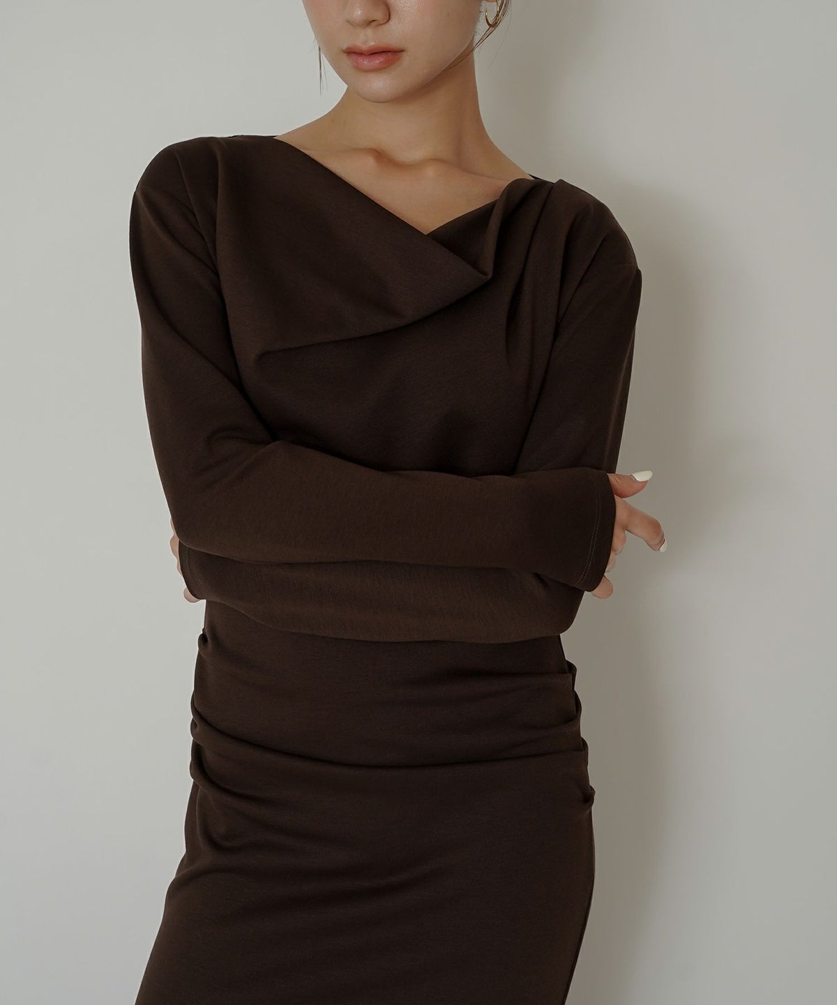 ロングワンピース カットソー セットアップ オフショルトップス ドレープ タイトワンピ 韓国風 綺麗め 細見え カジュアル KINO THE KEI