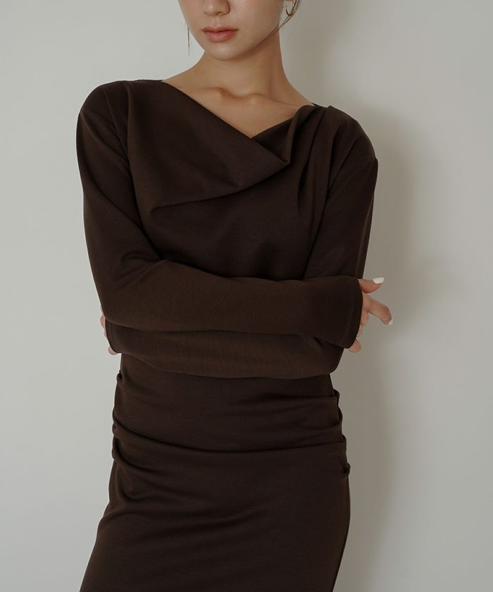 ロングワンピース カットソー セットアップ オフショルトップス ドレープ タイトワンピ 韓国風 綺麗め 細見え カジュアル KINO THE KEI