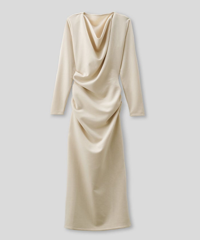 ロングワンピース カットソー セットアップ オフショルトップス ドレープ タイトワンピ 韓国風 綺麗め 細見え カジュアル KINO THE KEI