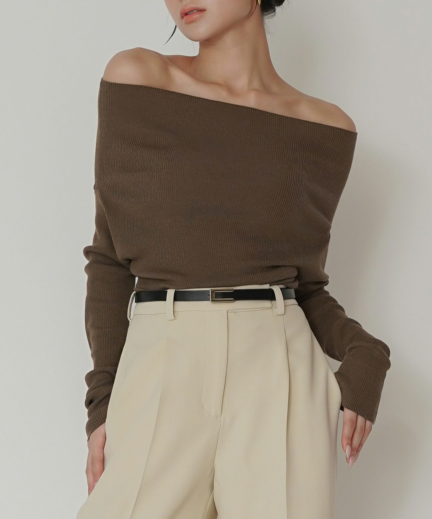 シアー リブ オフショル ニット