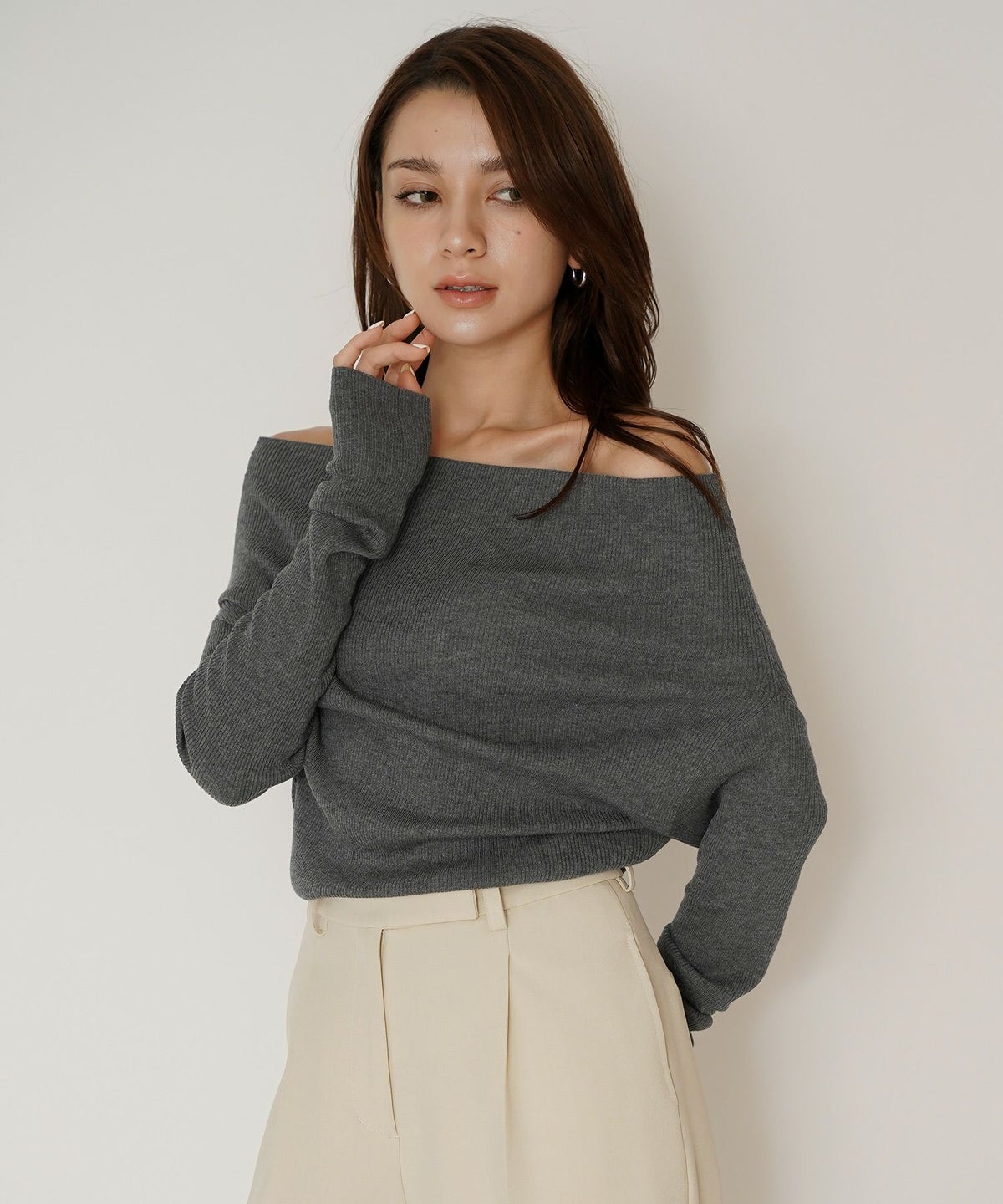 リブニット オフショル ワンショル 2WAY デート ディナー モテニット 伸縮性 KINO THE KEI