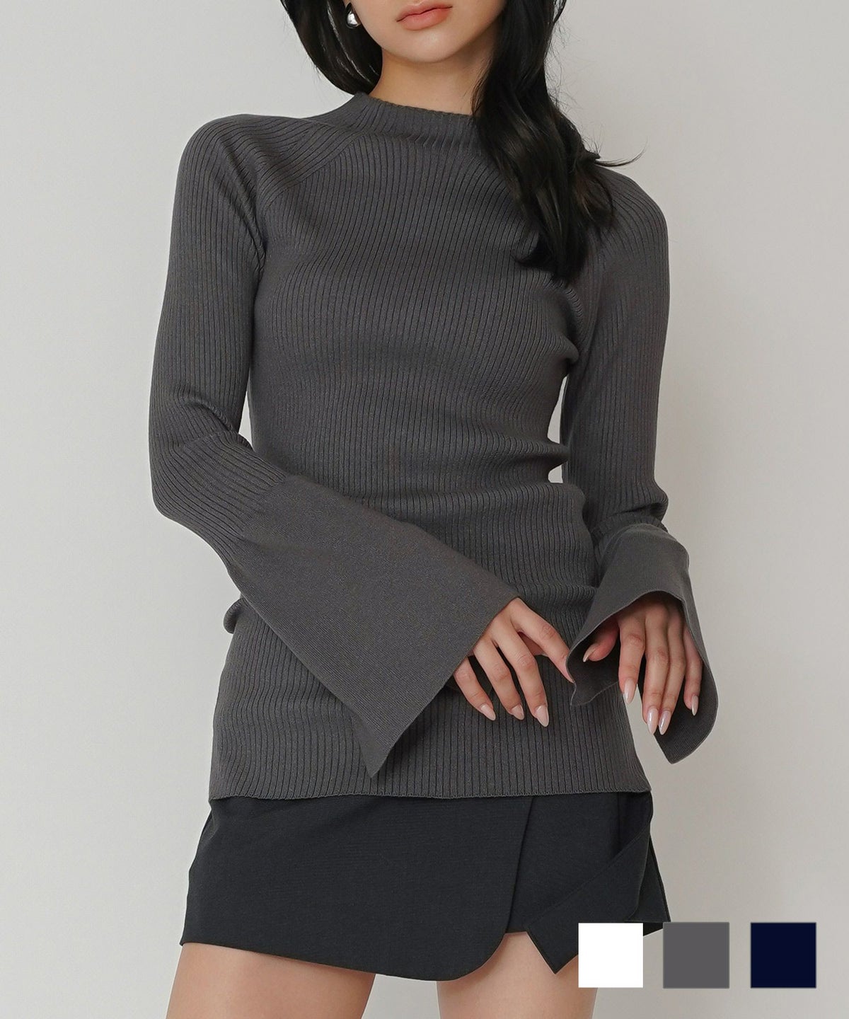 ニットトップス 薄手ニット ハイネック タイトトップス 韓国風 綺麗め 細見え カジュアル KINO THE KEI ハイネック ランタン スリーブ ニット プルオーバー KINO THE KEI