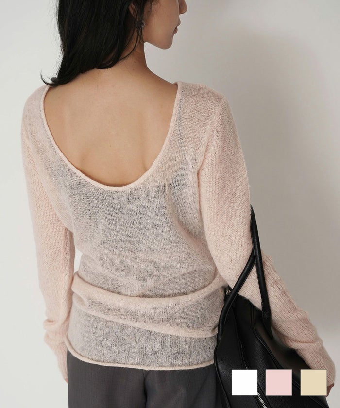 背中見せ 2way ラメニット シアーニット タイトトップス 韓国風 綺麗め 細見え カジュアル KINO THE KEI 袖アゼシアー 2WAY ニット プルオーバー KINO THE KEI