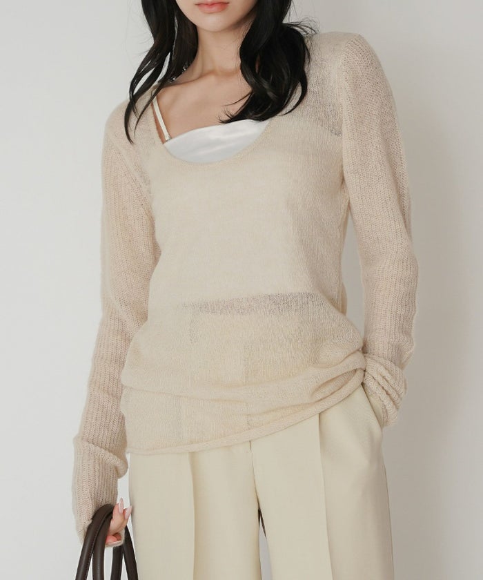 背中見せ 2way ラメニット シアーニット タイトトップス 韓国風 綺麗め 細見え カジュアル KINO THE KEI