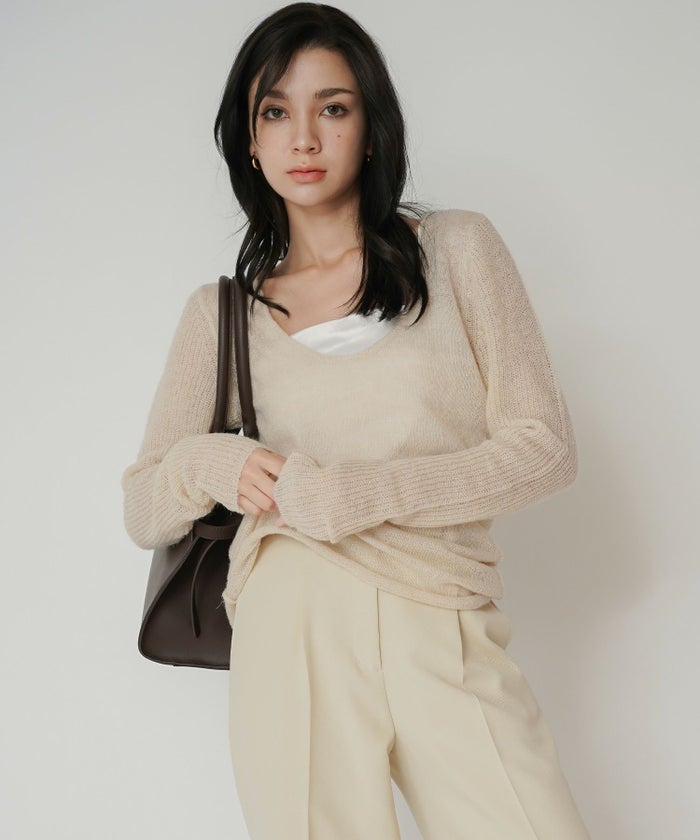 背中見せ 2way ラメニット シアーニット タイトトップス 韓国風 綺麗め 細見え カジュアル KINO THE KEI