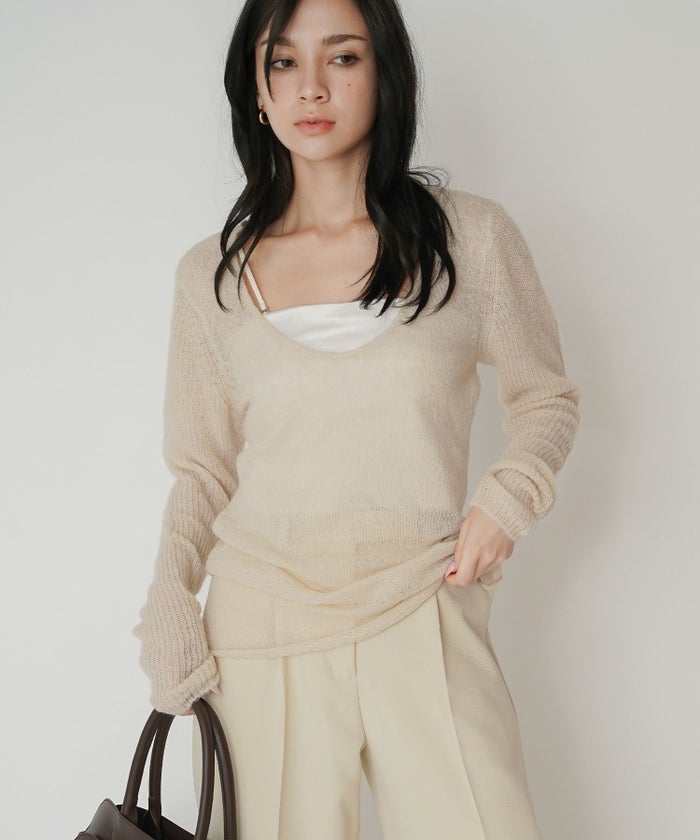 背中見せ 2way ラメニット シアーニット タイトトップス 韓国風 綺麗め 細見え カジュアル KINO THE KEI