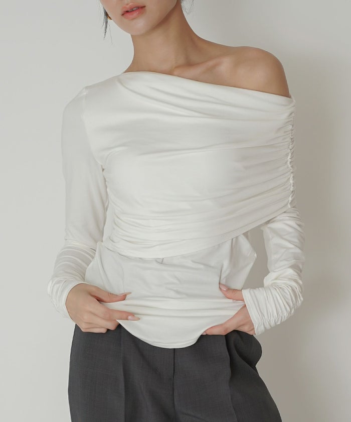 ワンショル オフショル ドレープ お仕事 オフィス アシンメトリー ロンT タイトTシャツ KINO THE KEI