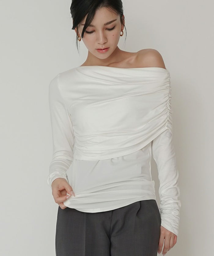 ワンショル オフショル ドレープ お仕事 オフィス アシンメトリー ロンT タイトTシャツ KINO THE KEI