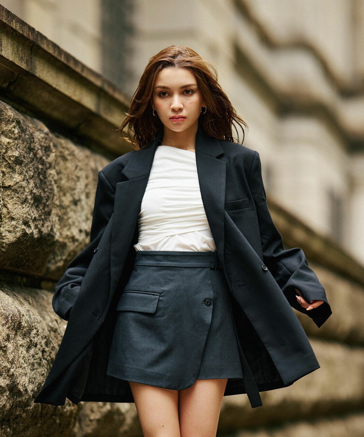 ワンショル オフショル ドレープ お仕事 オフィス アシンメトリー ロンT タイトTシャツ KINO THE KEI