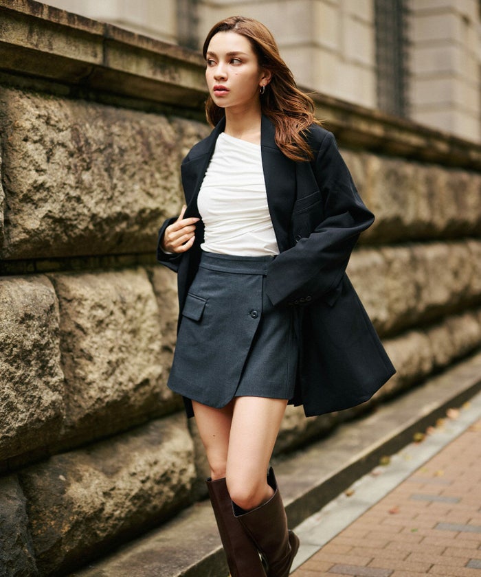 ワンショル オフショル ドレープ お仕事 オフィス アシンメトリー ロンT タイトTシャツ KINO THE KEI