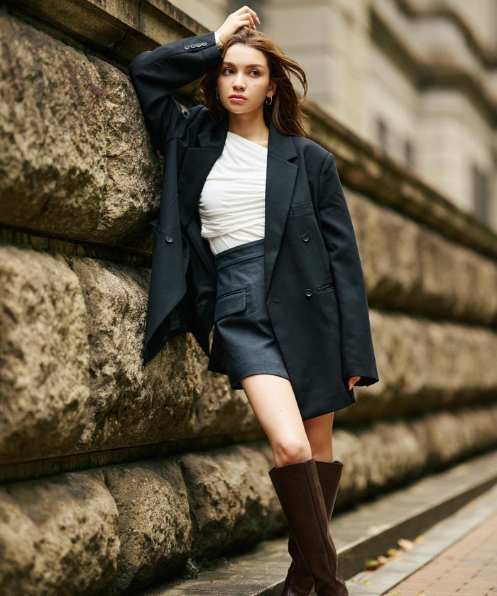 ワンショル オフショル ドレープ お仕事 オフィス アシンメトリー ロンT タイトTシャツ KINO THE KEI