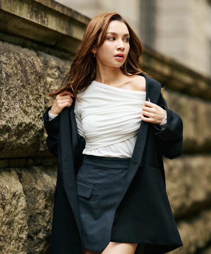 ワンショル オフショル ドレープ お仕事 オフィス アシンメトリー ロンT タイトTシャツ KINO THE KEI