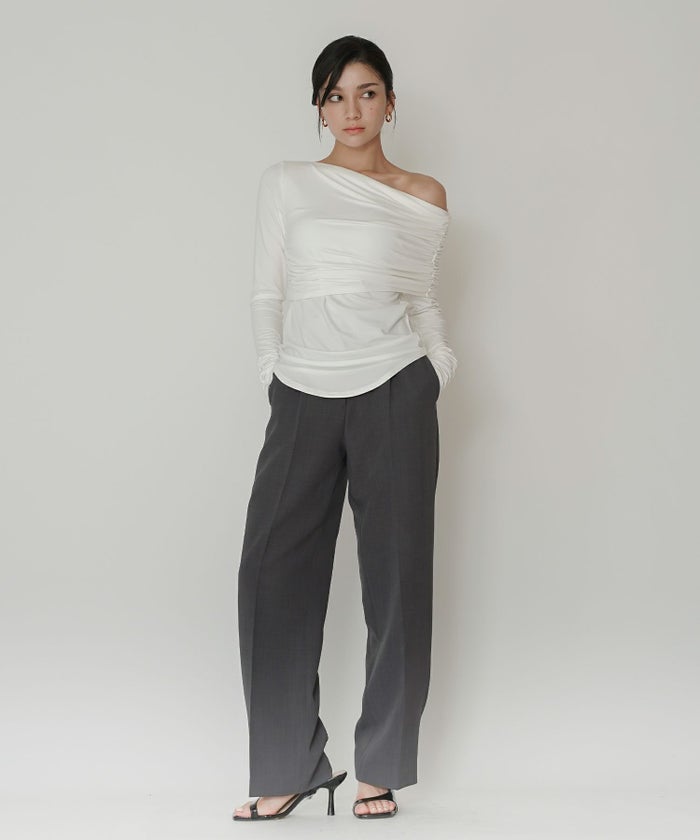 ワンショル オフショル ドレープ お仕事 オフィス アシンメトリー ロンT タイトTシャツ KINO THE KEI