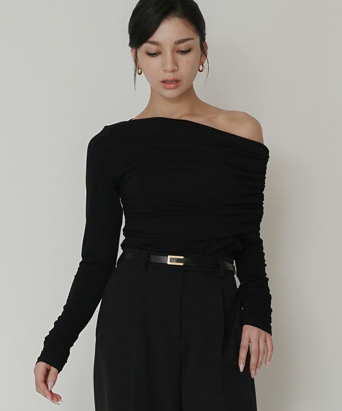 ワンショル オフショル ドレープ お仕事 オフィス アシンメトリー ロンT タイトTシャツ KINO THE KEI