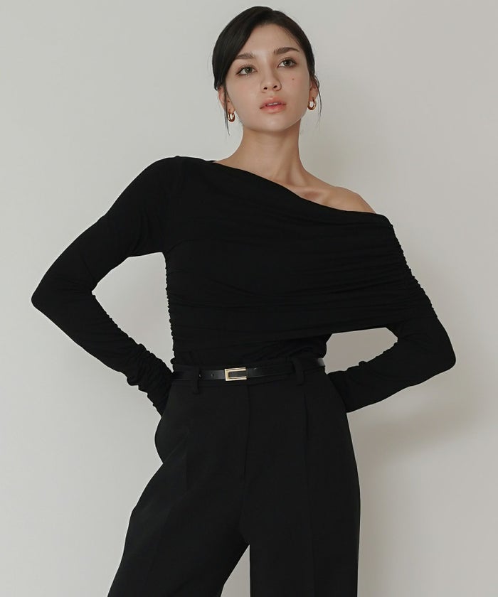 ワンショル オフショル ドレープ お仕事 オフィス アシンメトリー ロンT タイトTシャツ KINO THE KEI