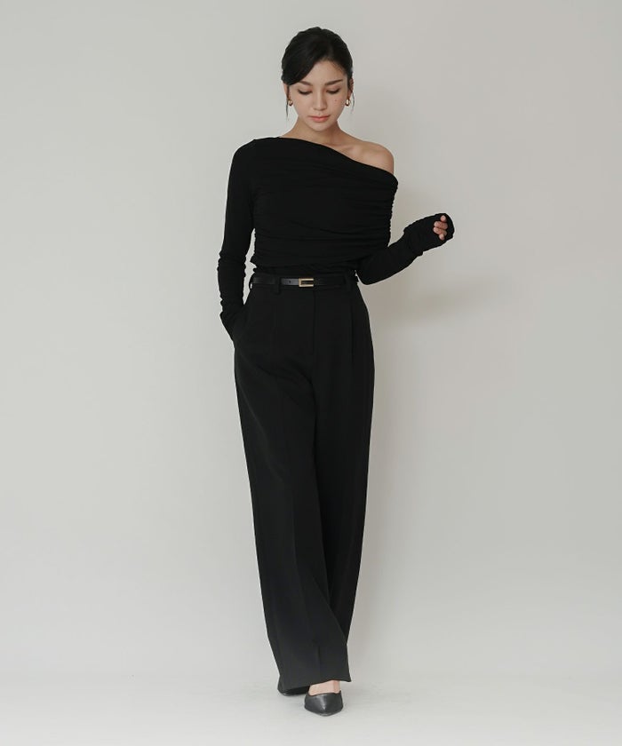 ワンショル オフショル ドレープ お仕事 オフィス アシンメトリー ロンT タイトTシャツ KINO THE KEI