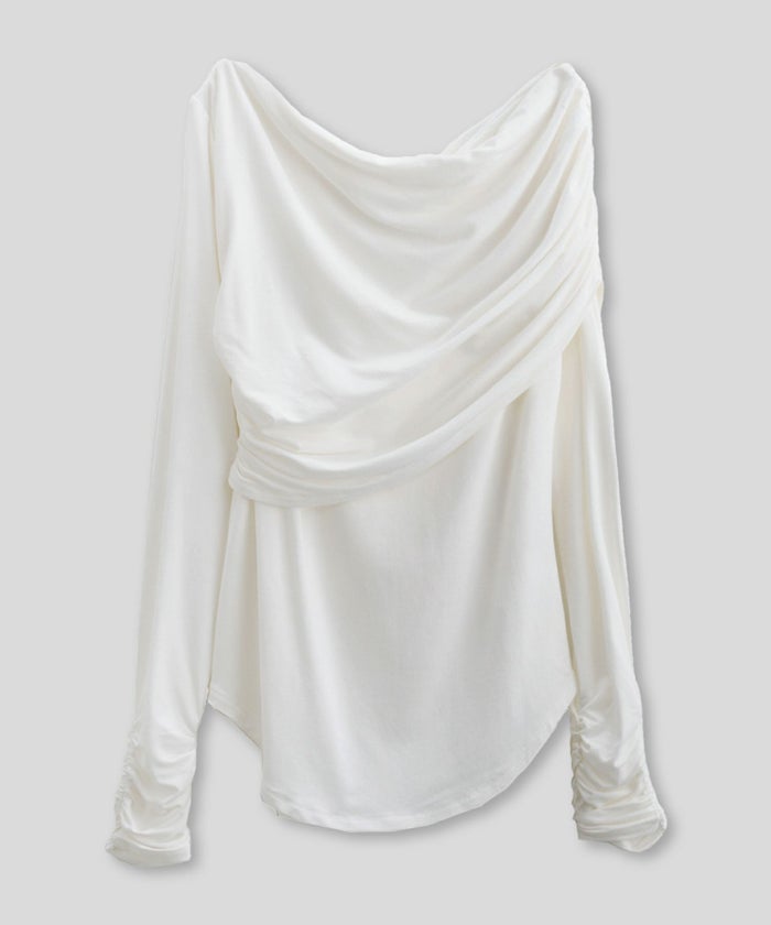 ワンショル オフショル ドレープ お仕事 オフィス アシンメトリー ロンT タイトTシャツ KINO THE KEI