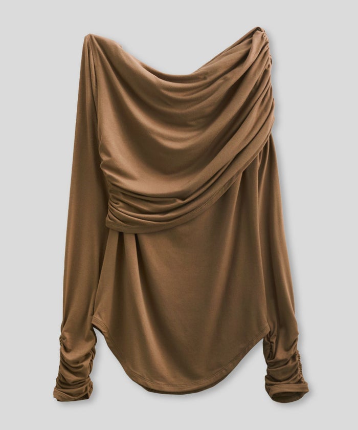 ワンショル オフショル ドレープ お仕事 オフィス アシンメトリー ロンT タイトTシャツ KINO THE KEI