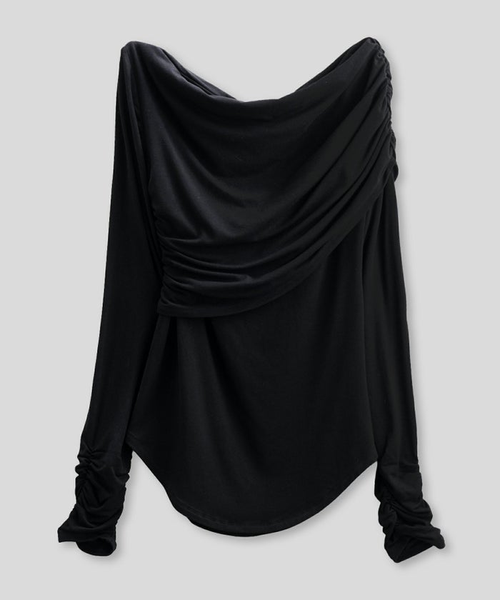 ワンショル オフショル ドレープ お仕事 オフィス アシンメトリー ロンT タイトTシャツ KINO THE KEI