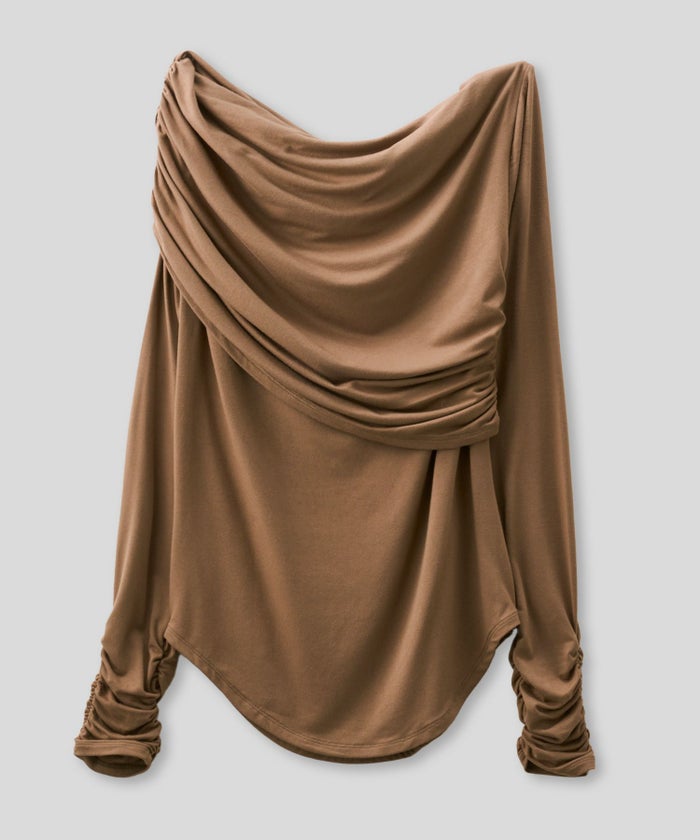 ワンショル オフショル ドレープ お仕事 オフィス アシンメトリー ロンT タイトTシャツ KINO THE KEI